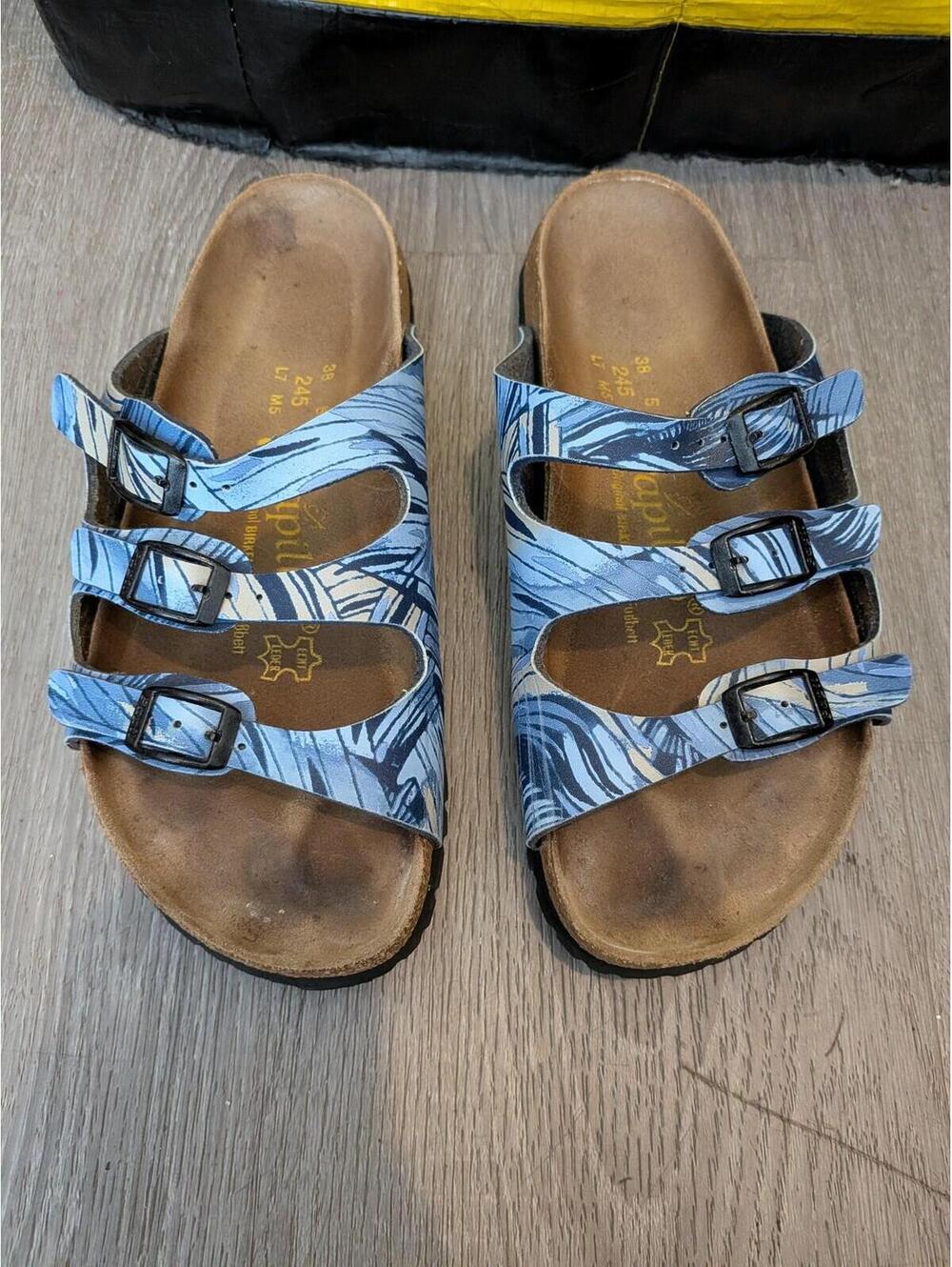 Papillio Sandals Womens Size 7 Blue Florida Triple Strap Slide Floral Comfort